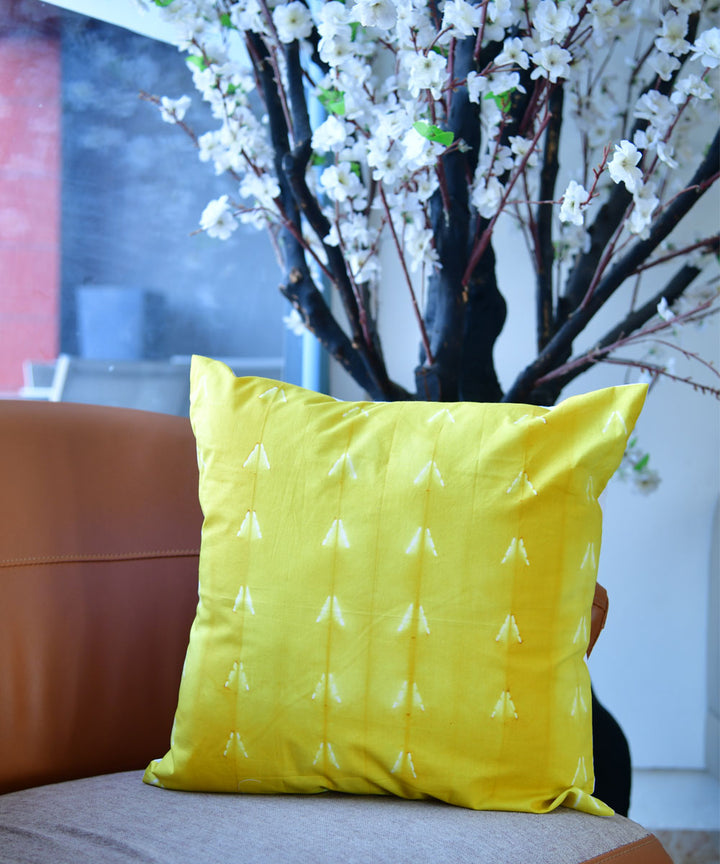 Yellow white hand printed cotton shibori cushion cover