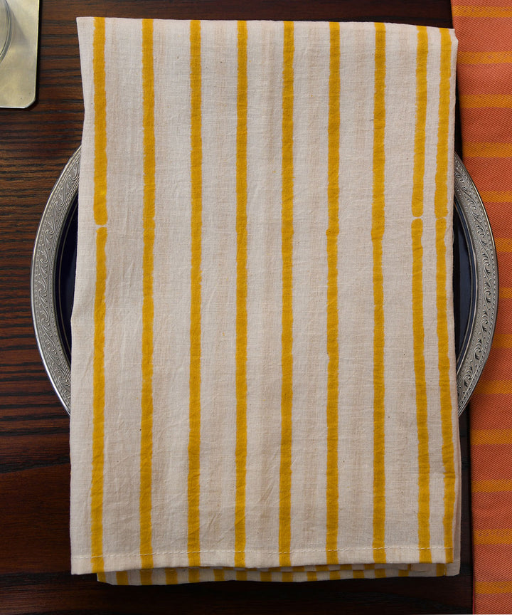White Yellow Cotton Block Print striped Napkin (set of 4)
