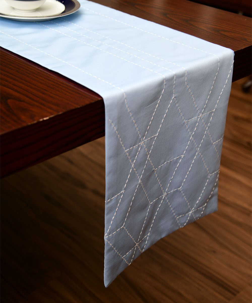 Blue hand embroidered kantha stitch cotton table runner