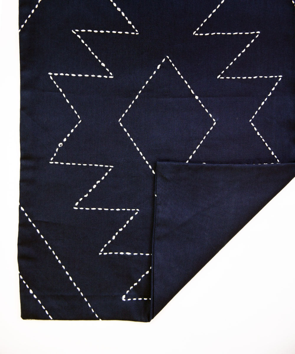 Navy blue hand embroidered kantha stitch cotton table runner