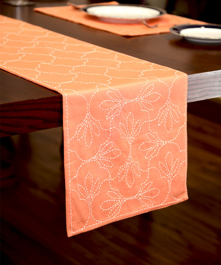 Coral hand embroidered kantha stitch cotton table runner