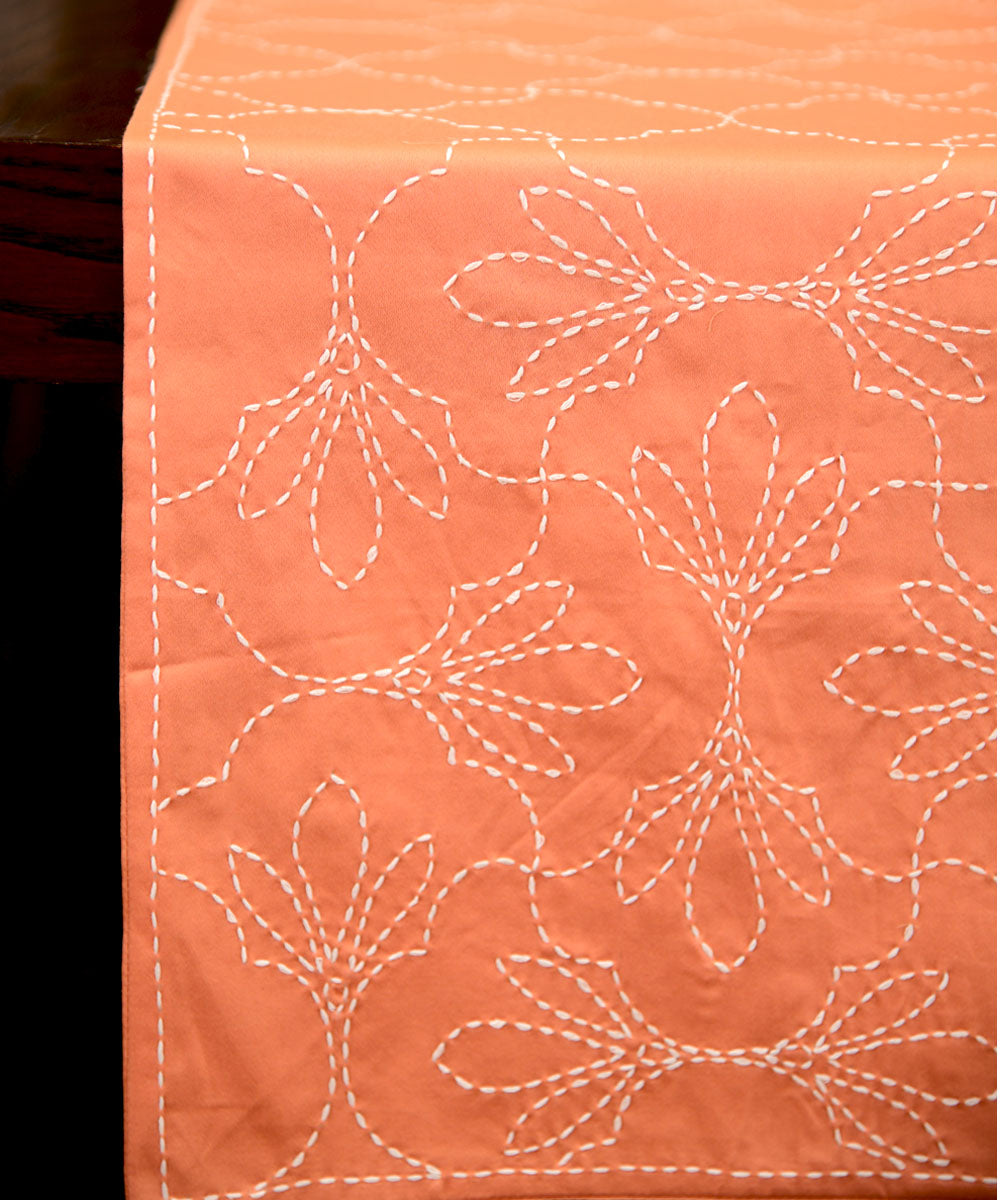 Coral hand embroidered kantha stitch cotton table runner