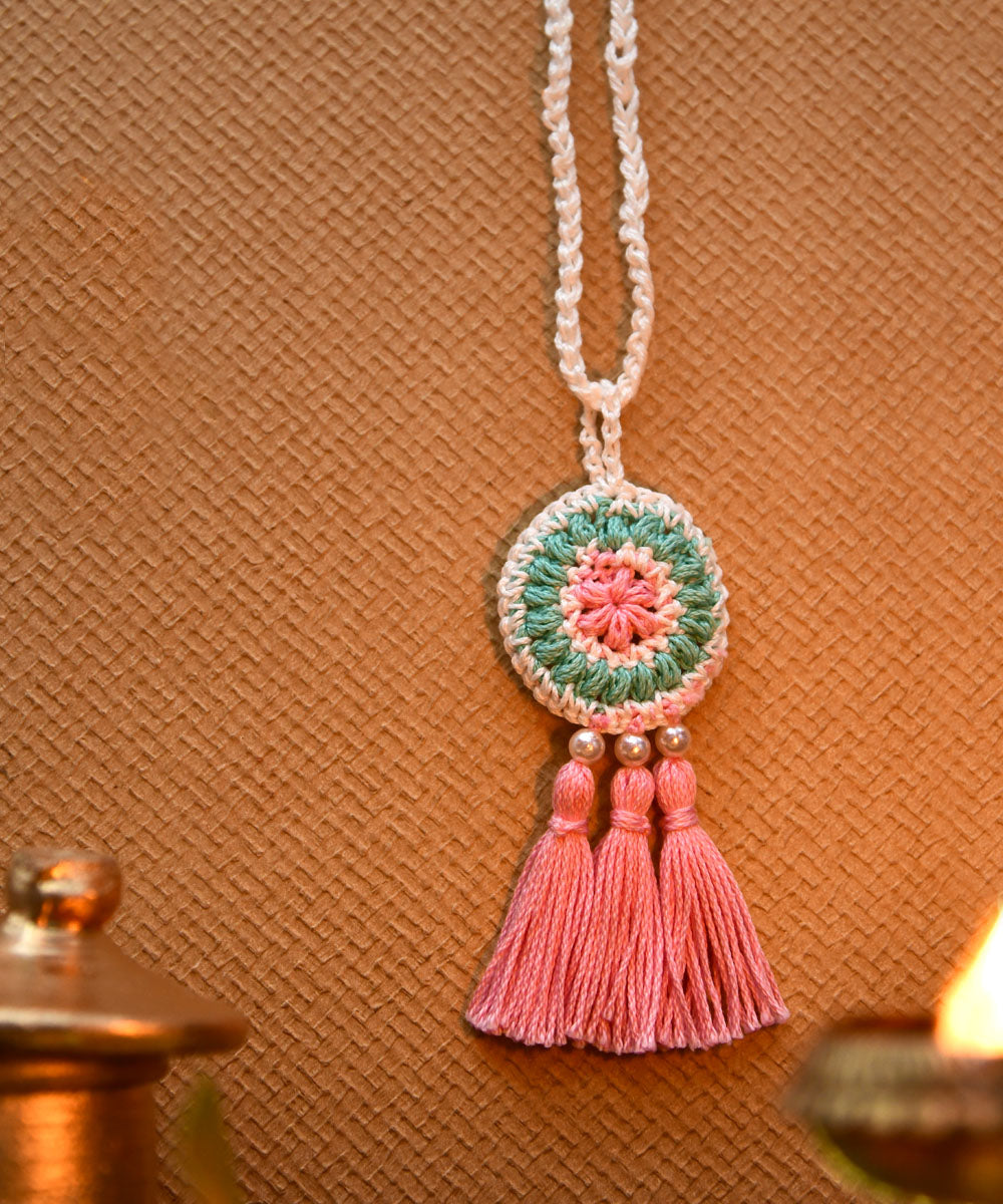 Pink green hand embroidery cotton rakhi