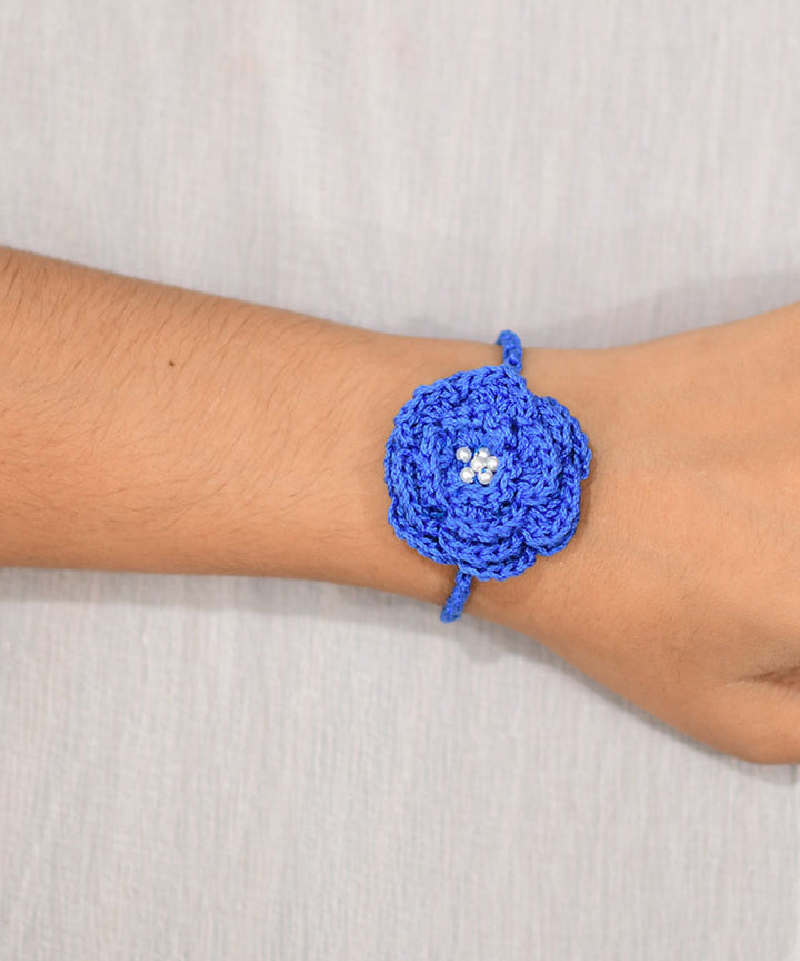 Cyan blue hand embroidery cotton rakhi