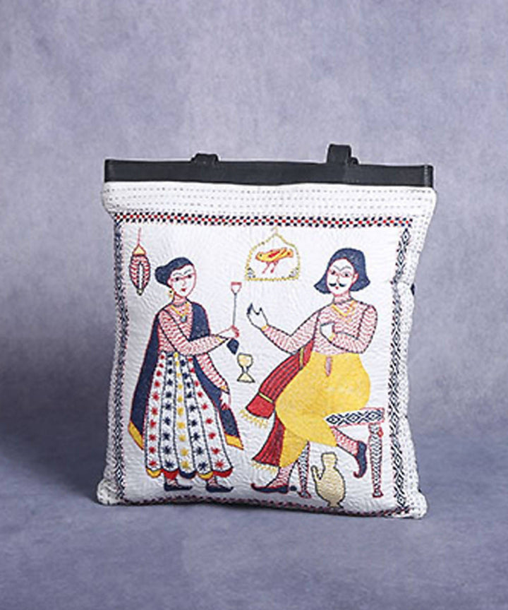 White base hand made kantha stitch silk bag