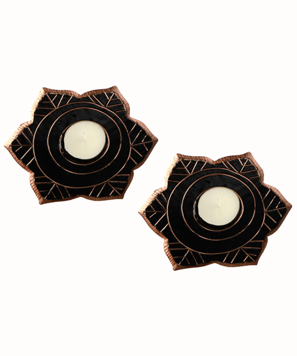 Black handcrafted copper enamel tealight holder set of 2