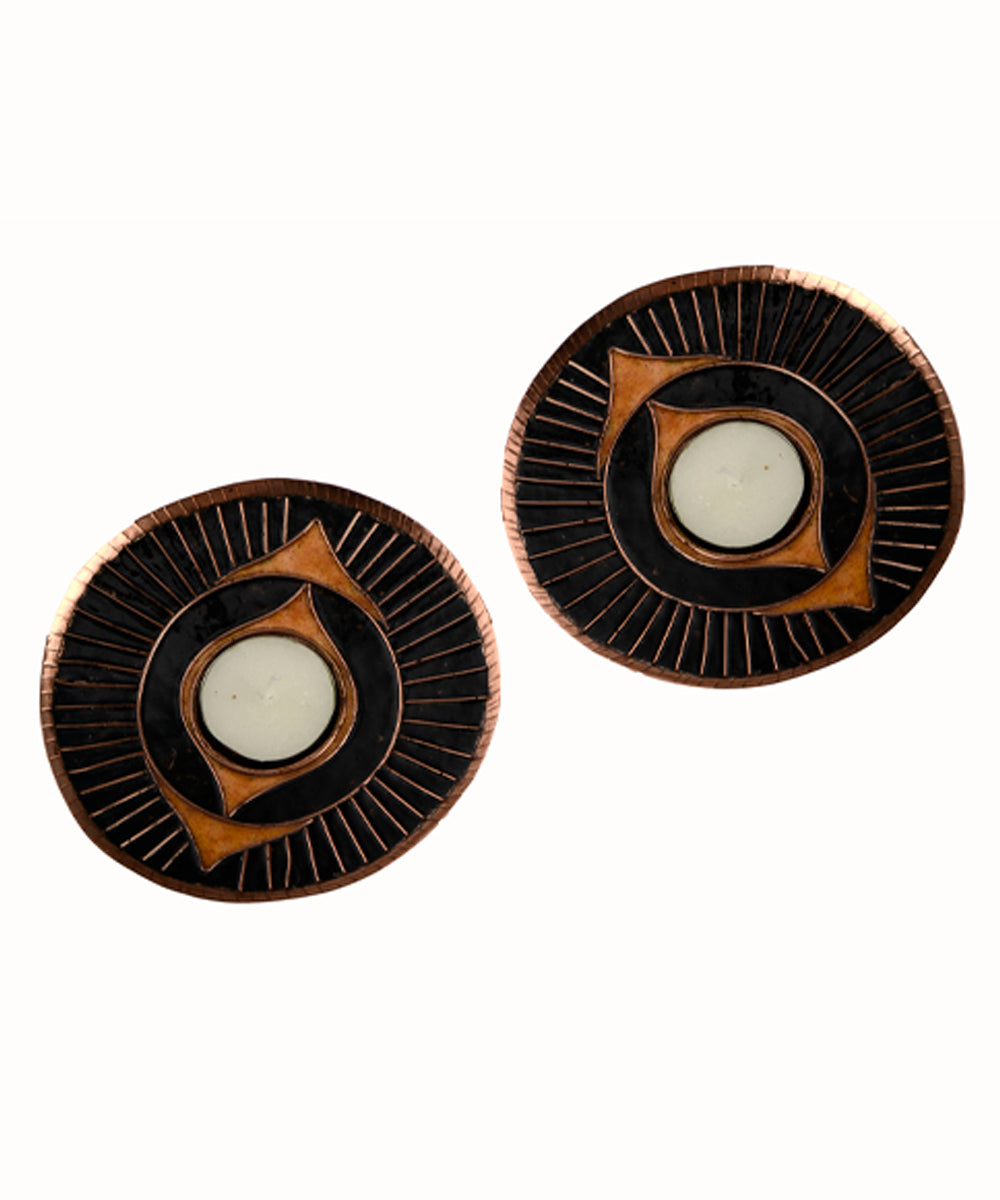 Black hand crafted copper enamel tealight holder set of 2