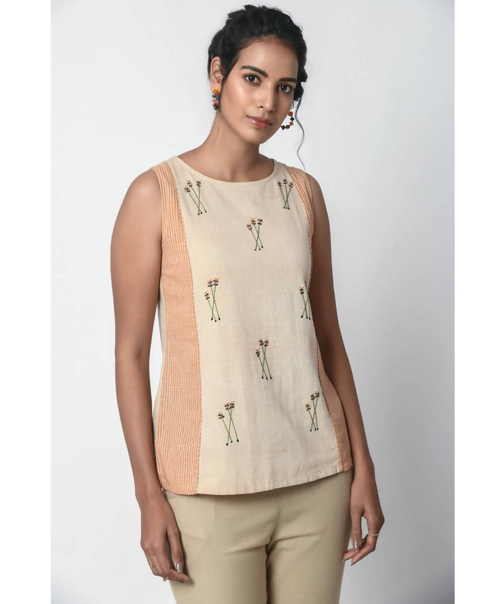 Hand Embroidered Beige and Orange Stripe Panel sleeveless Cotton top