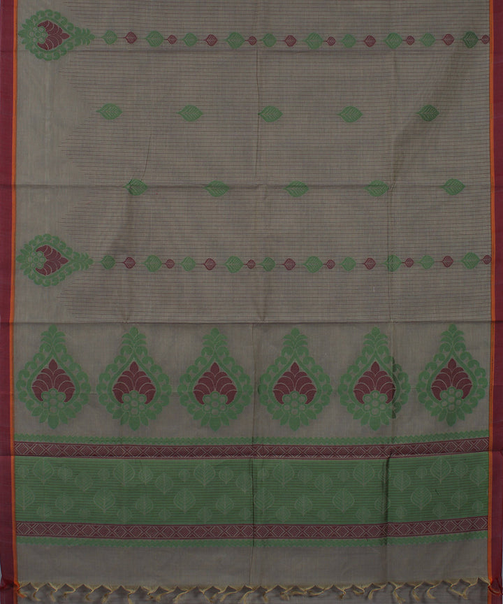 Grey and maroon tamarai butta cotton handwoven chettinadu saree