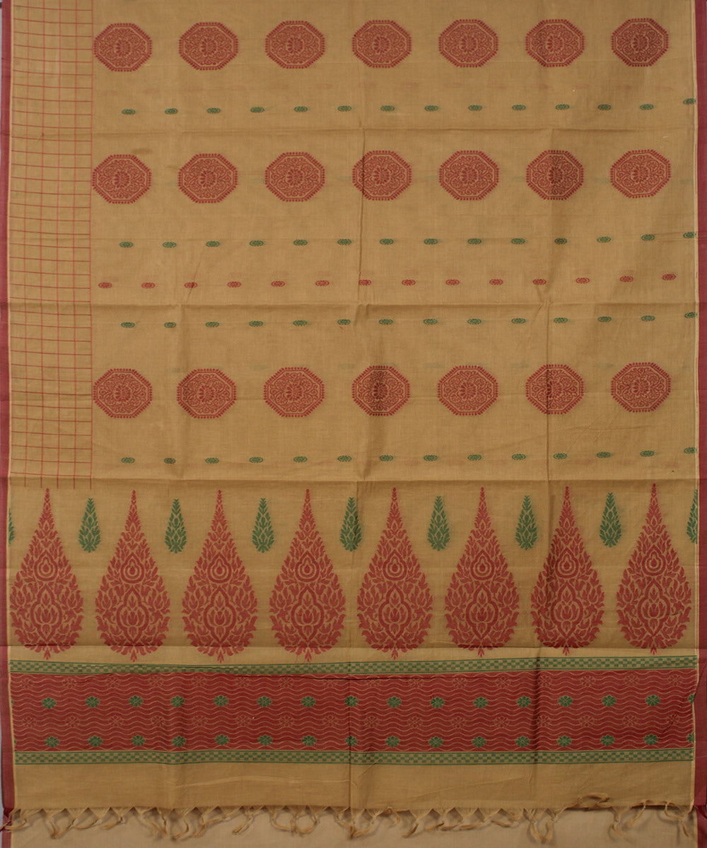 Beige pu chakram cotton handwoven chettinadu saree