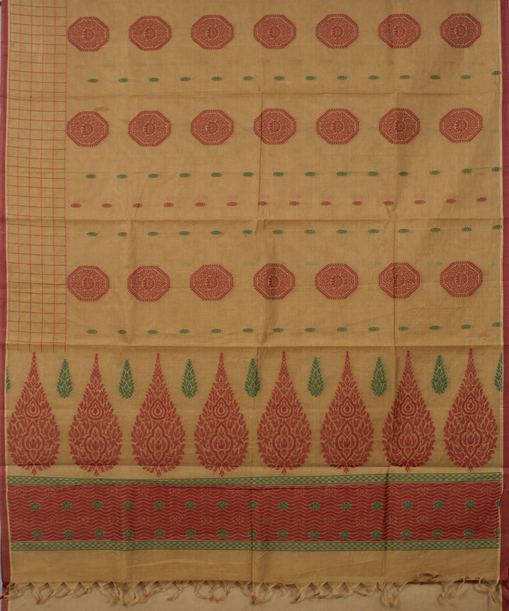 Beige pu chakram cotton handwoven chettinadu saree