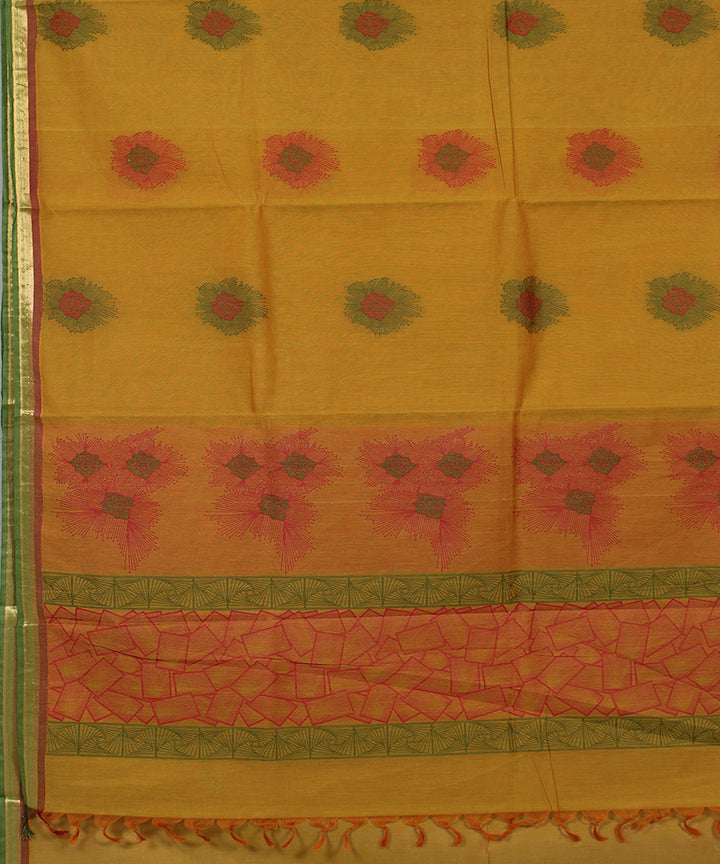 Mustard and green kodi visiri floral cotton handwoven chettinadu saree