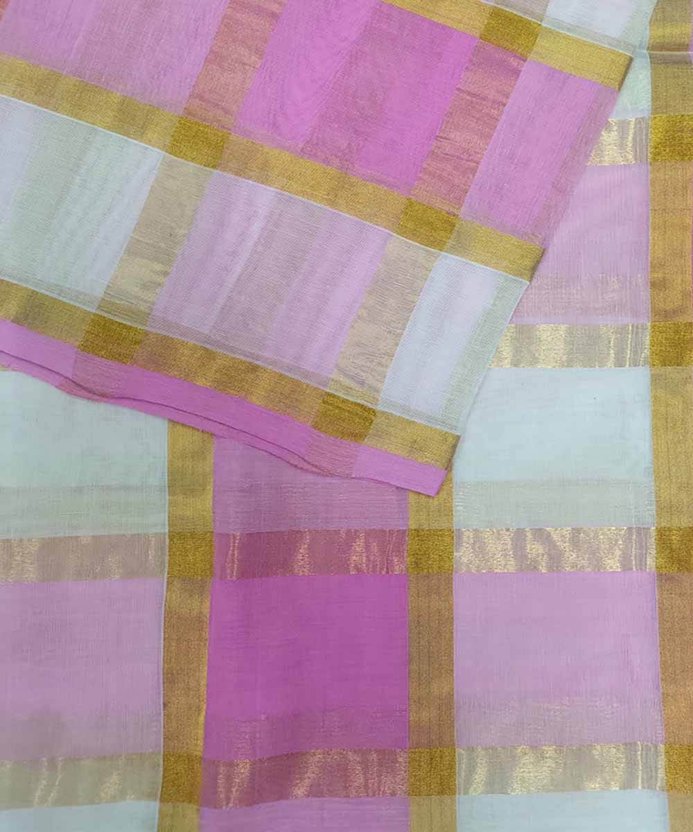 Pink White zari checks Handwoven Cotton Venkatagiri Saree