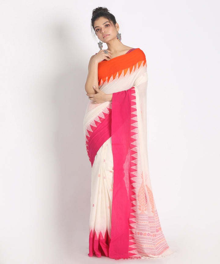 White Rani Orange Handwoven Cotton bengal saree