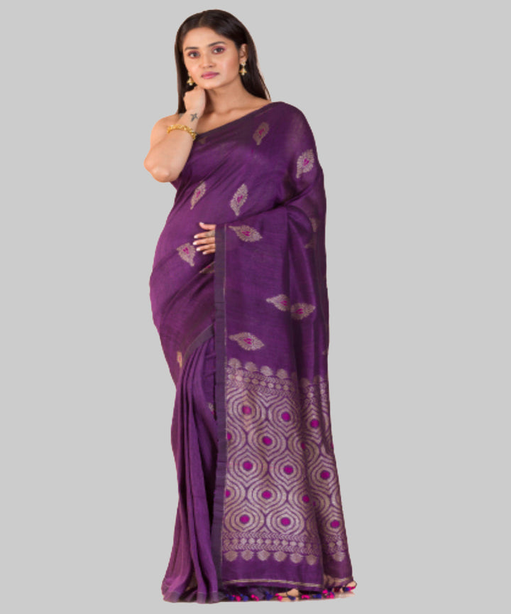 Violet silver handwoven bengal cotton and linen saree