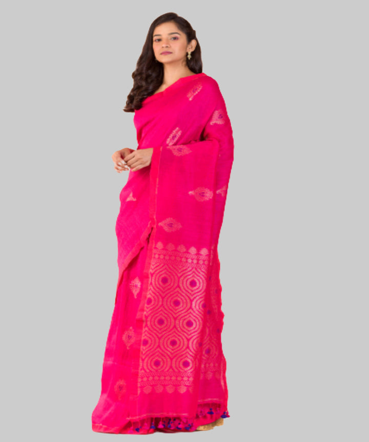 Bright rani pink handwoven bengal cotton and linen saree