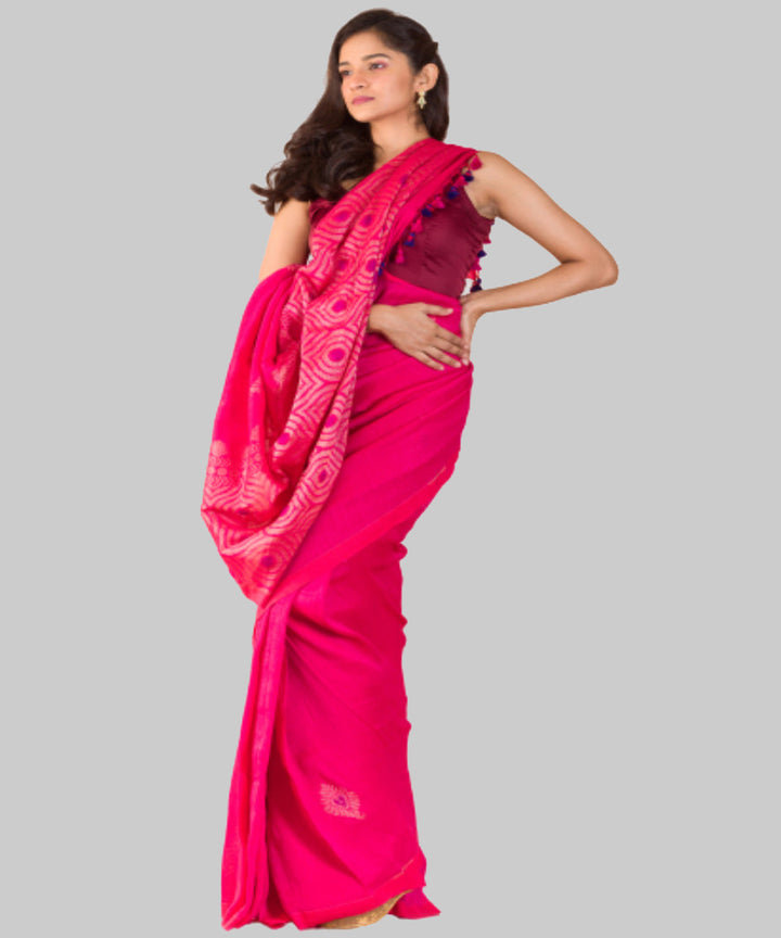 Bright rani pink handwoven bengal cotton and linen saree