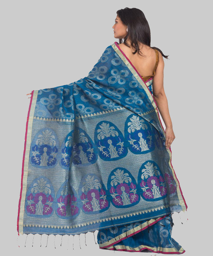 Midnight blue handwoven bengal linen saree