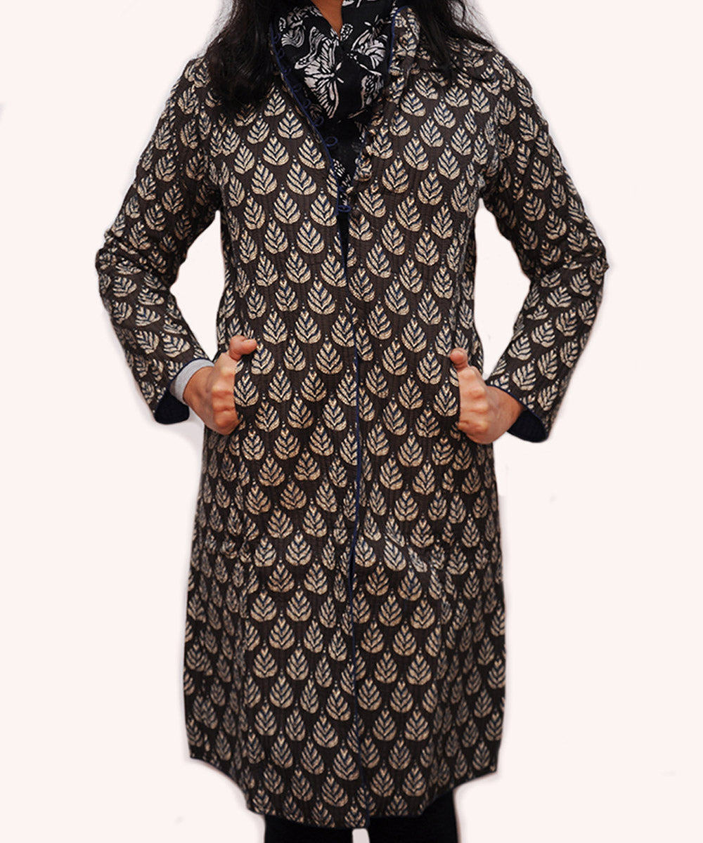 Coffee black handblock printed cotton quilted long jacket
