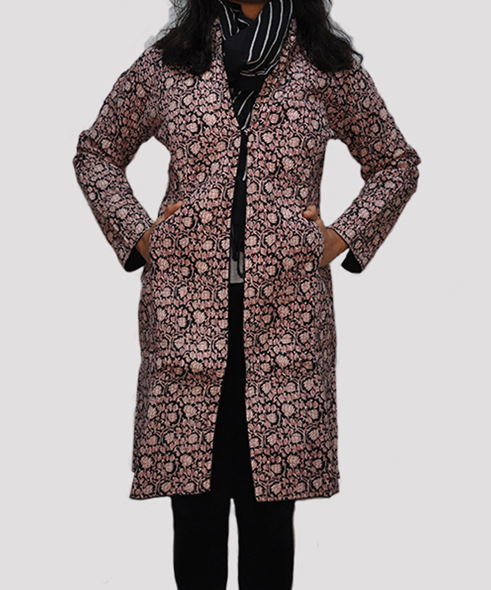 Rust black handblock printed cotton quilted long jacket