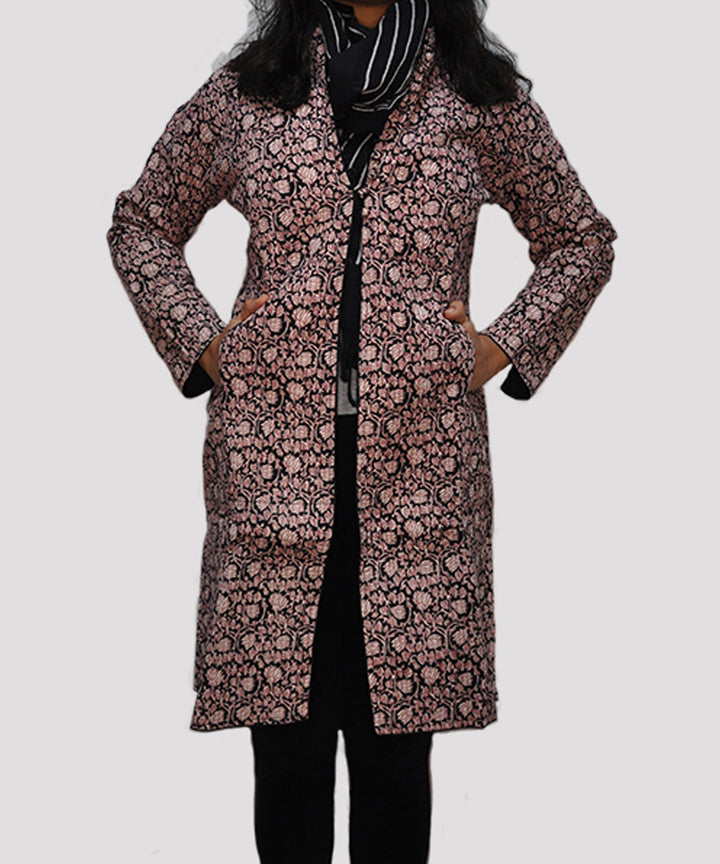 Rust black handblock printed cotton quilted long jacket