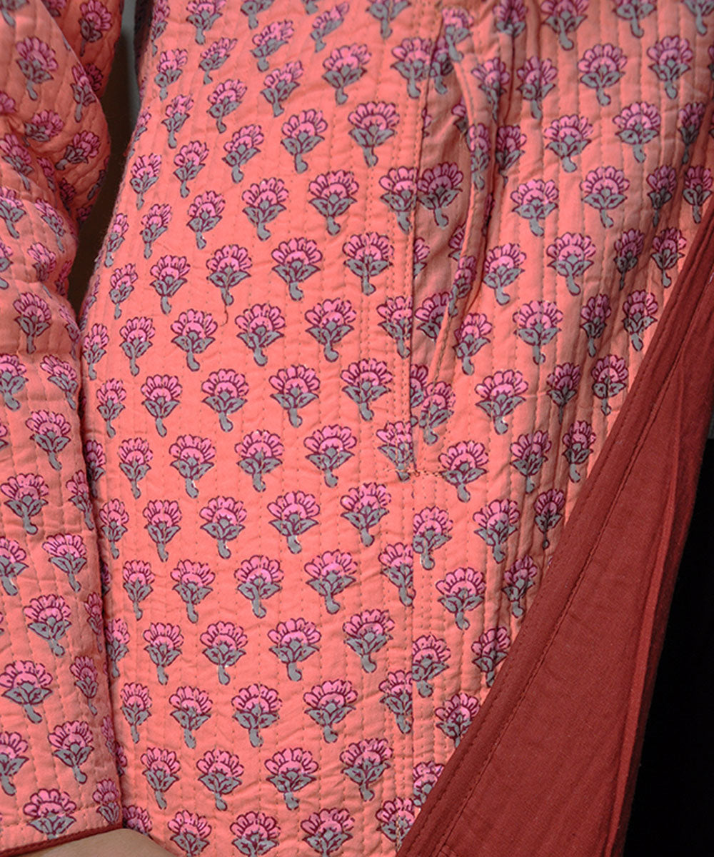 Pink maroon handblock printed cotton quilted long jacket