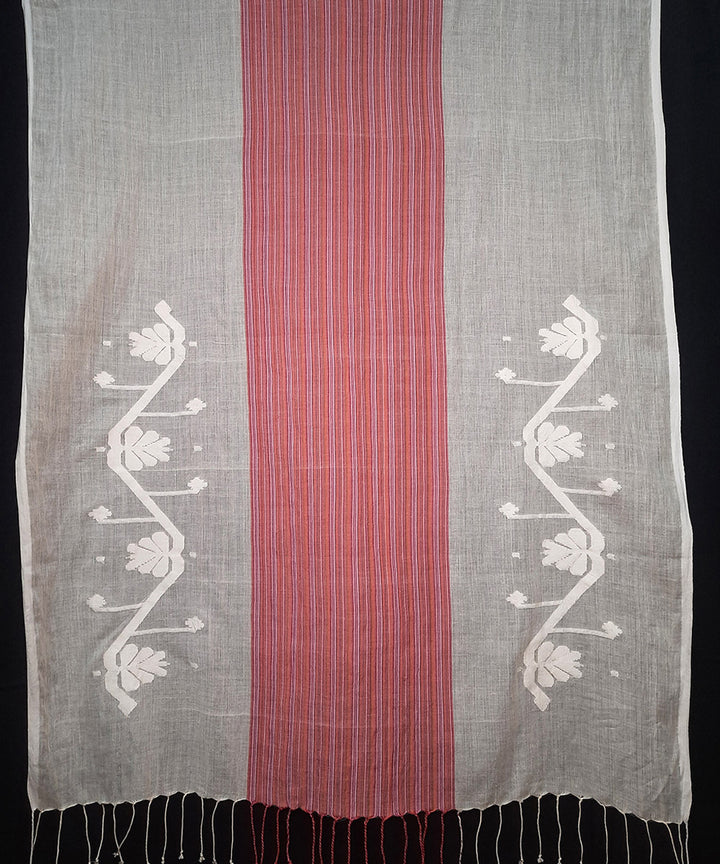 Off white red handwoven muslin cotton jamdani stole