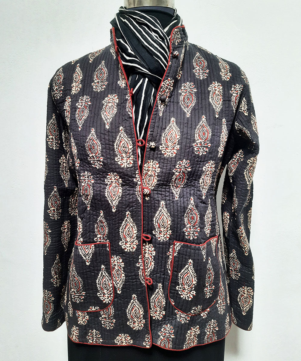 Black block printed reversible jacket with cotton quilting