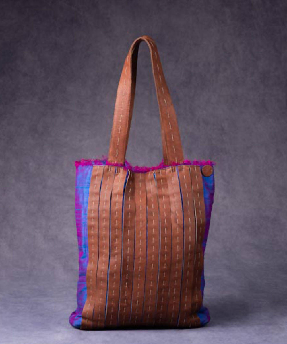 Blue brown hand made silk bag with leather button and handle