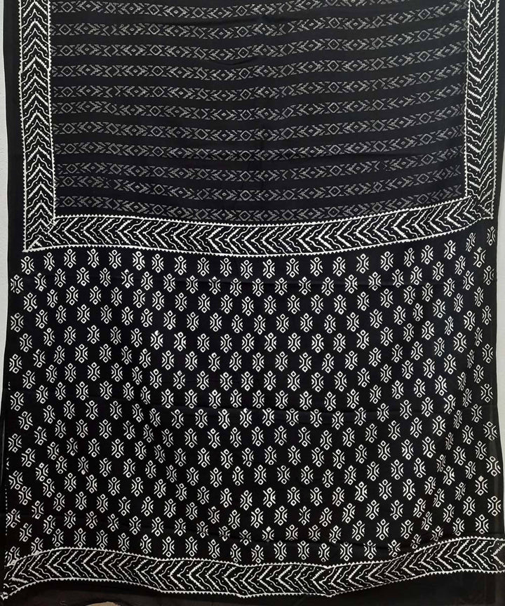 Black white hand block print cotton saree