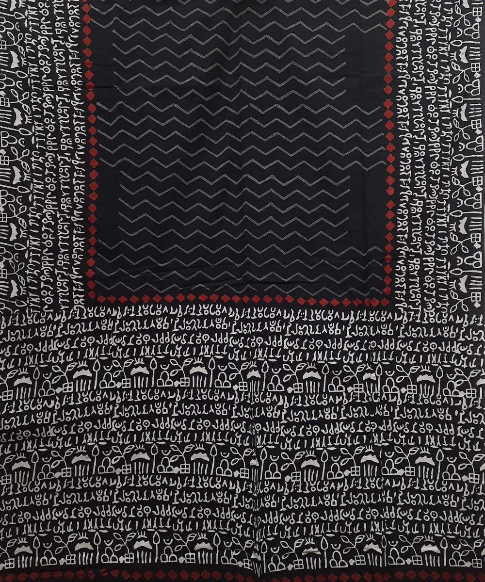 Black handblock printed abstract pattern mul cotton saree