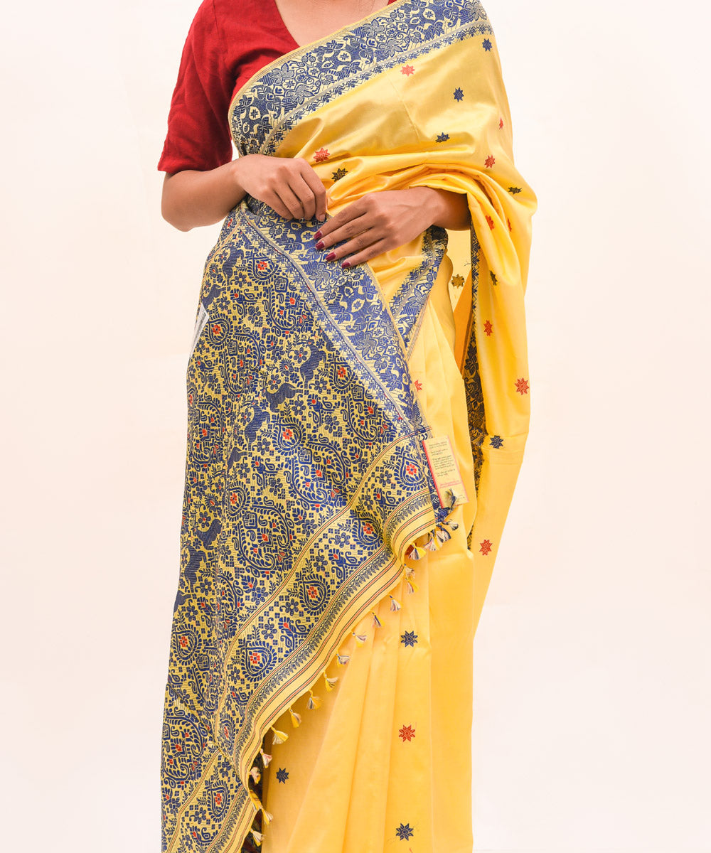 Purbashree yellow and blue handwoven mulberry silk assam saree