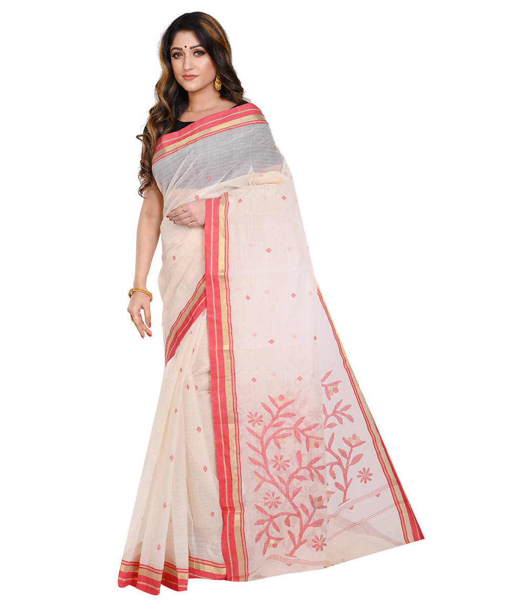 White and red floral handwoven cotton saree