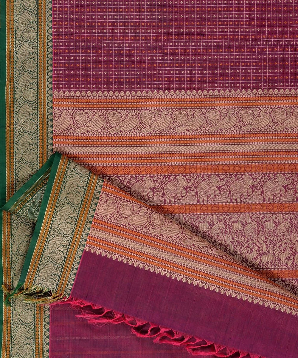 Purple handloom kanchi cotton lakshadeepam saree green lace border