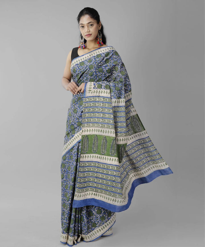 Blue green bagru handblock printed cotton saree