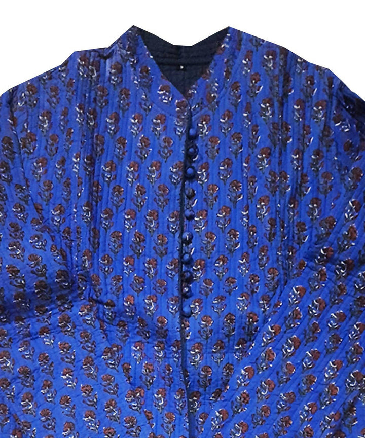 Cobalt blue handblock printed cotton quilted long jacket