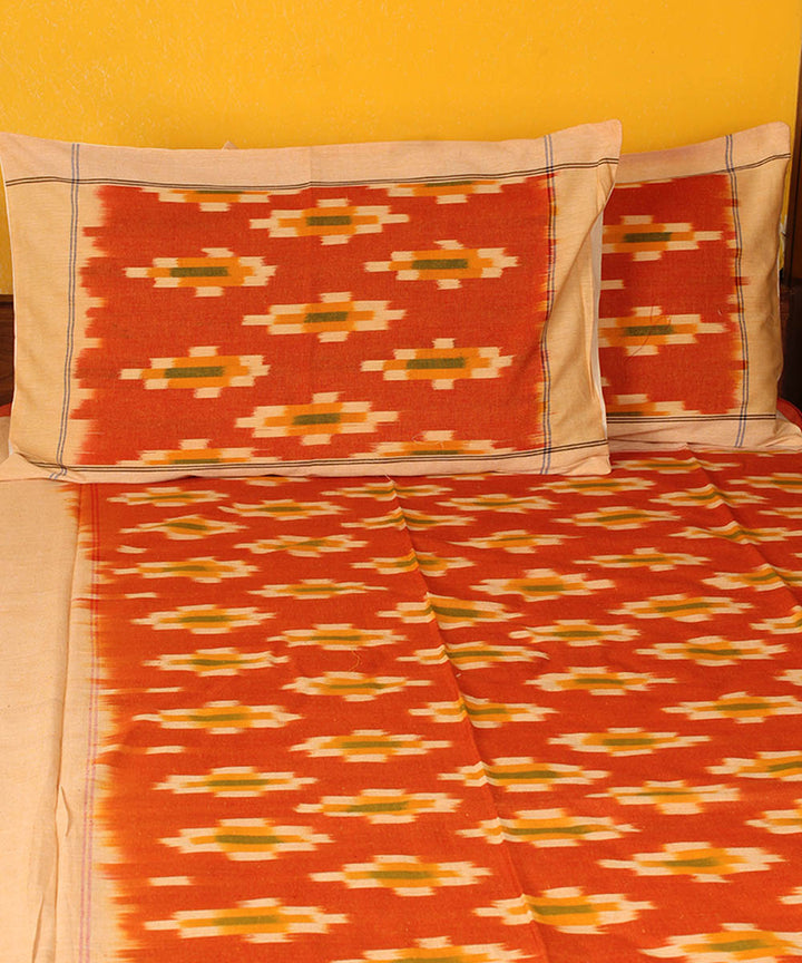 Orange cotton handwoven pochampally ikat bedsheet