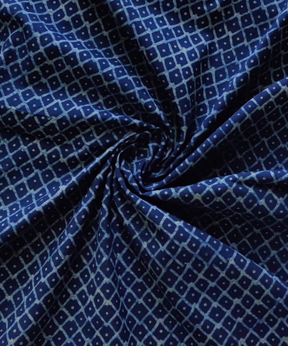 Blue natural dye dabu diamond print handspun handloom cotton fabric