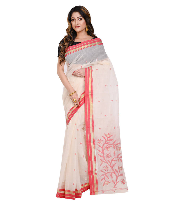 White and red floral handwoven cotton saree