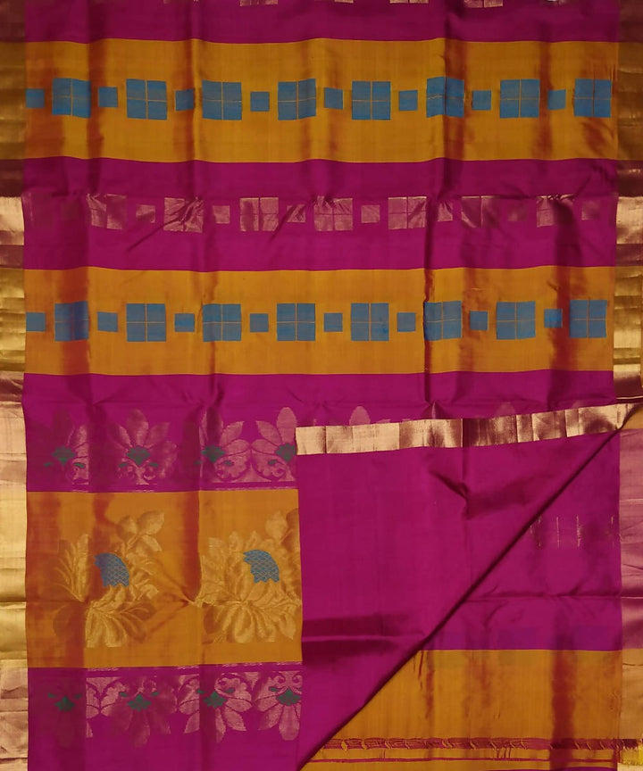 Mustard pink handloom soft silk saree