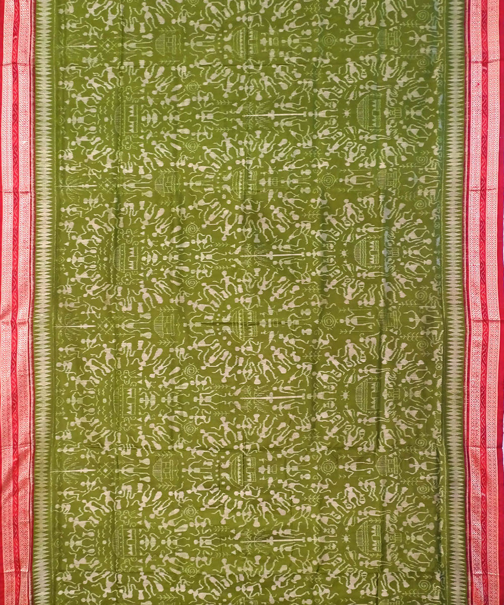 Mehendi green and maroon handwoven ikat silk bomkai saree