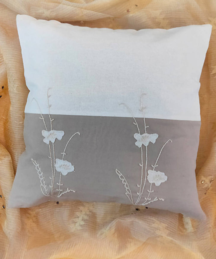Hand embroidered grey white cotton cushion cover
