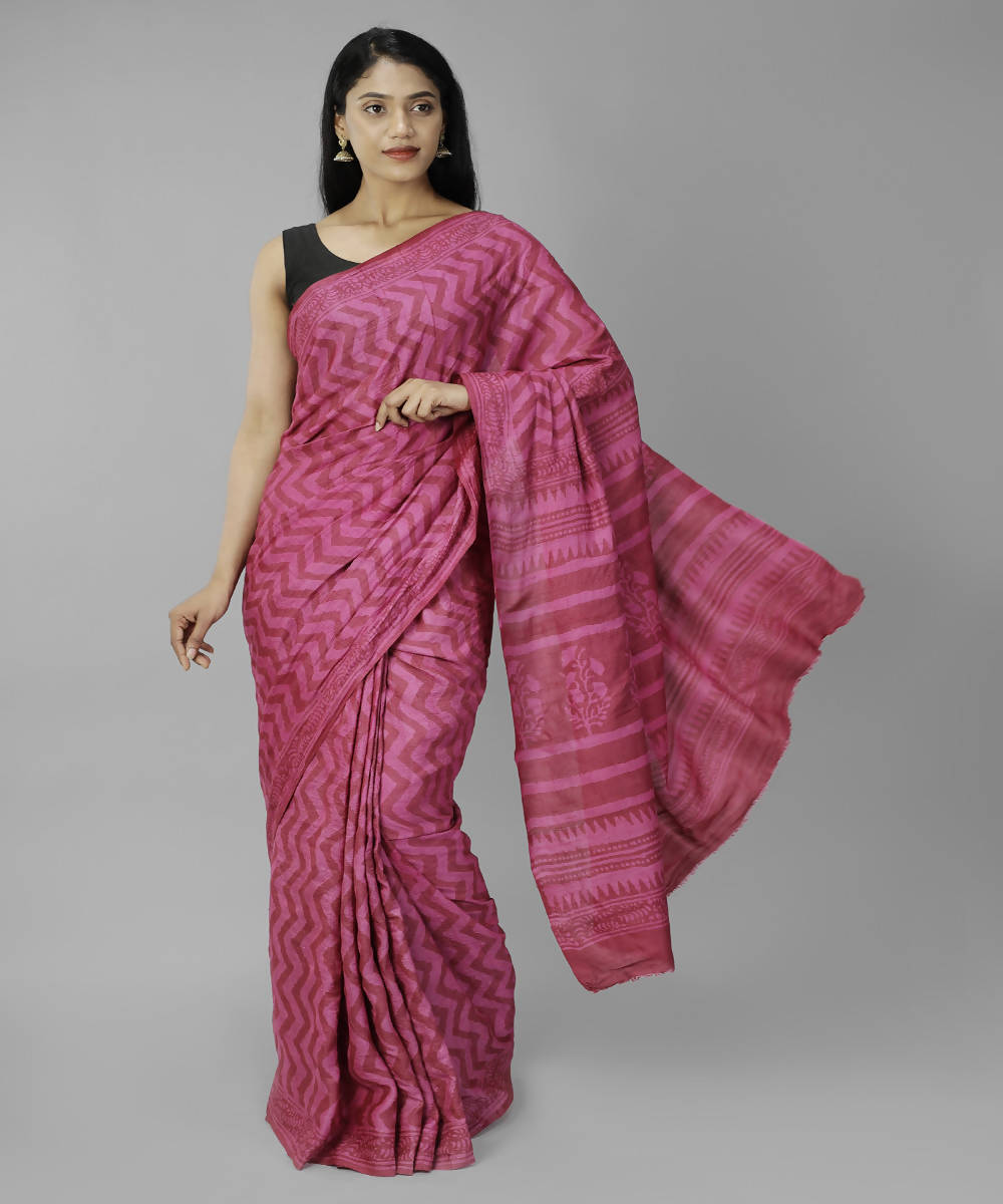 Dark pink bagru handblock printed tussar silk saree