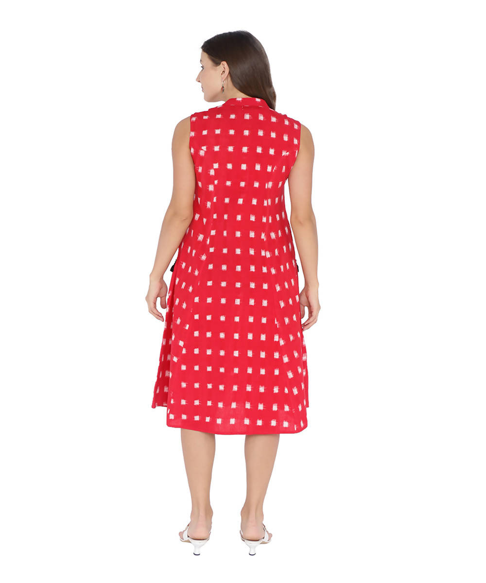 Sleeveless red and white double ikat cotton dress with embroidered pockets
