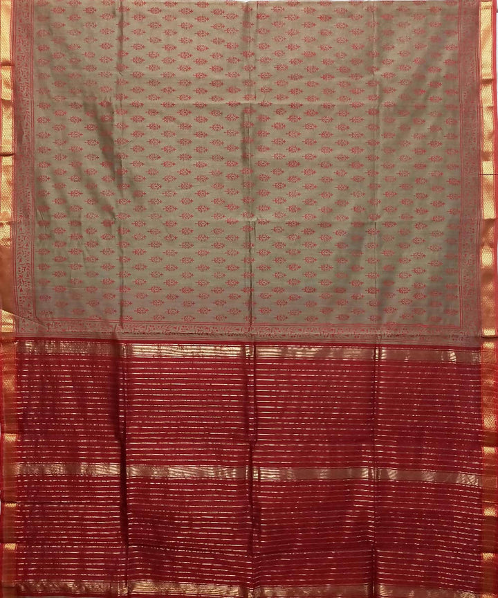 Dark beige red handwoven cotton silk maheshwari saree