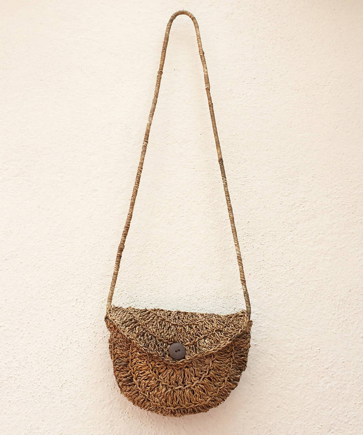 Half moon shaped banana fibre handmade crochet sling bag