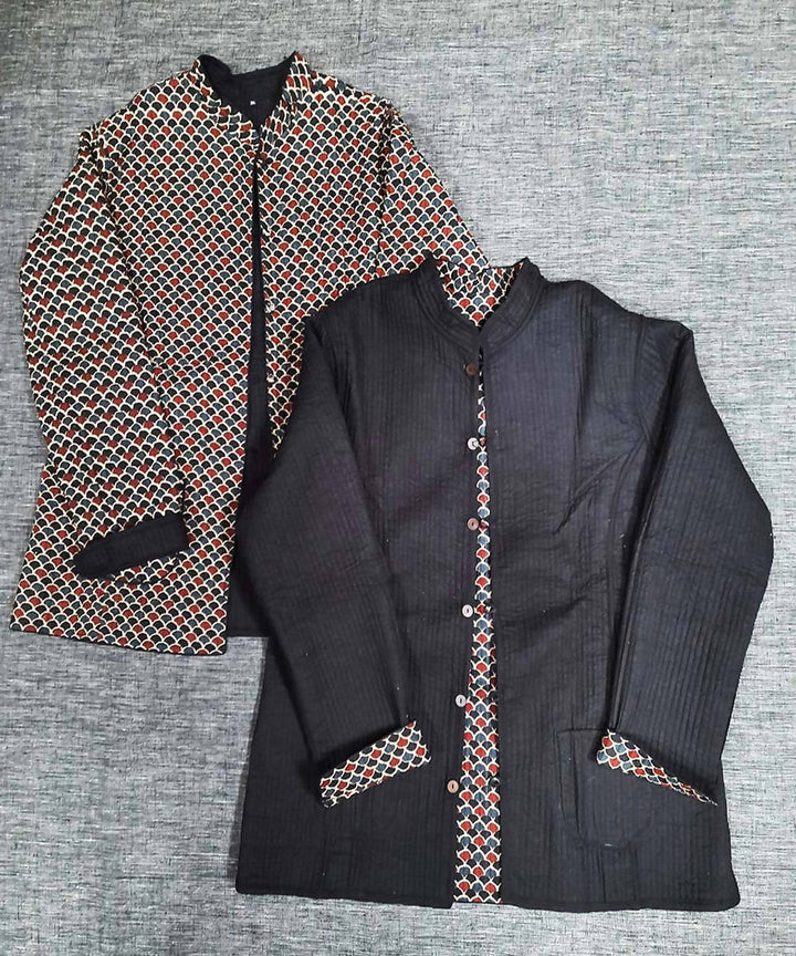 Black and grey block printed reversible jacket with cotton quilting