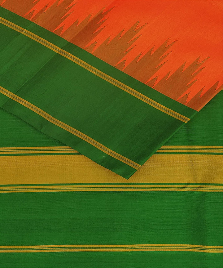Orange and green korvai temple border handloom silk saree