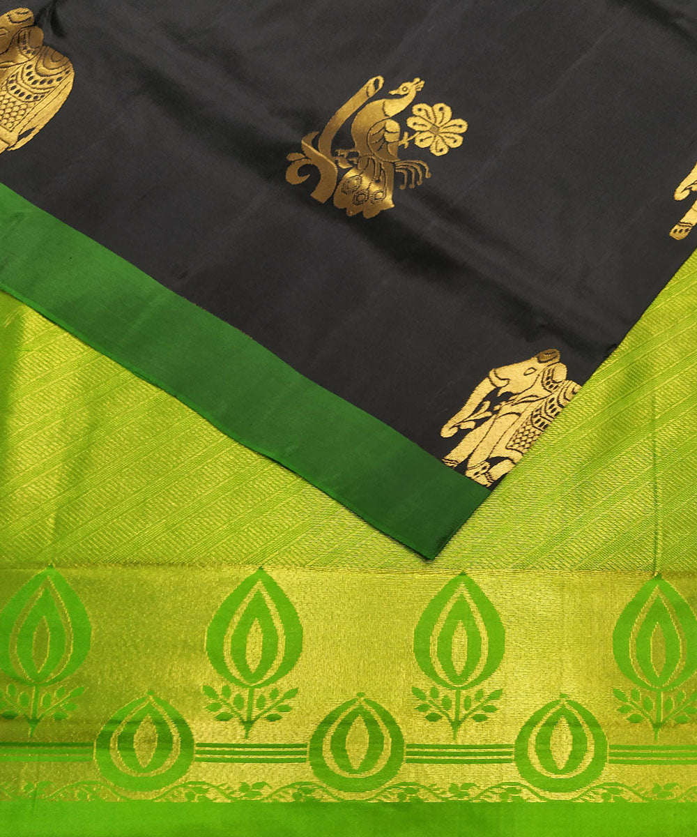 Black and green handwoven soft silk saree