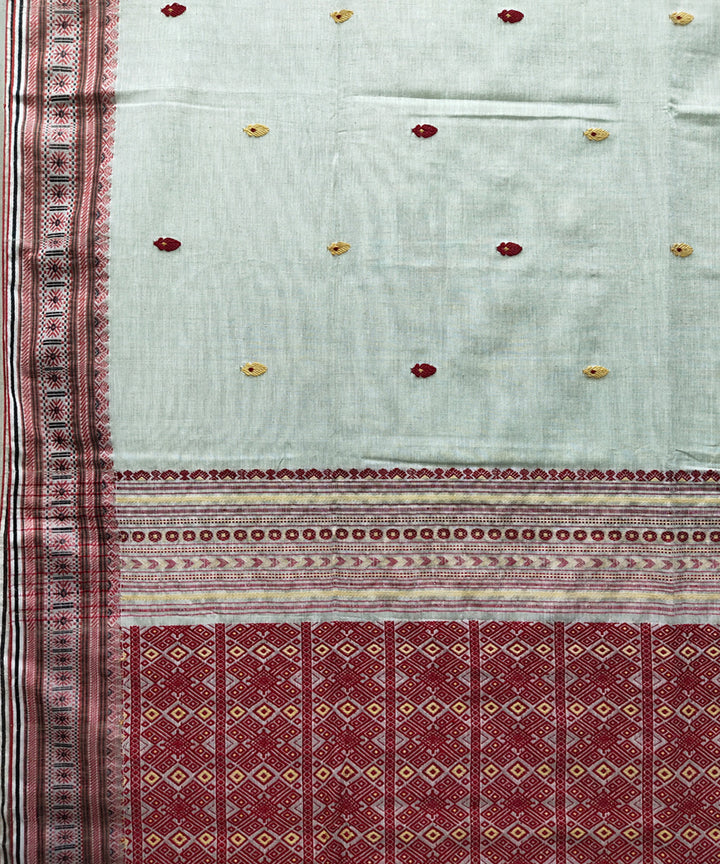 Grey white and red handwoven jacquard mercerised cotton saree